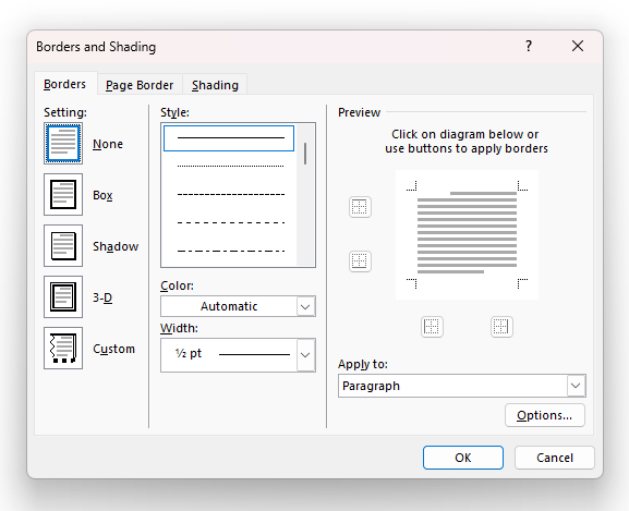 Borders and Shading Window