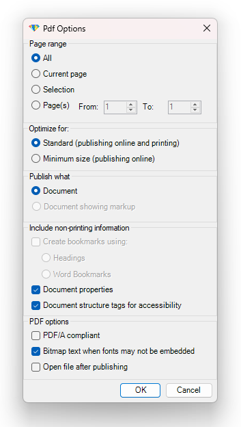 Save to PDF Options Window